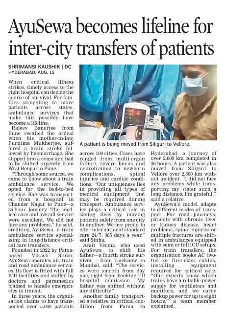 Deccan Chronicle coverage featuring AyuSewa as a lifeline for inter-city transfers of patients