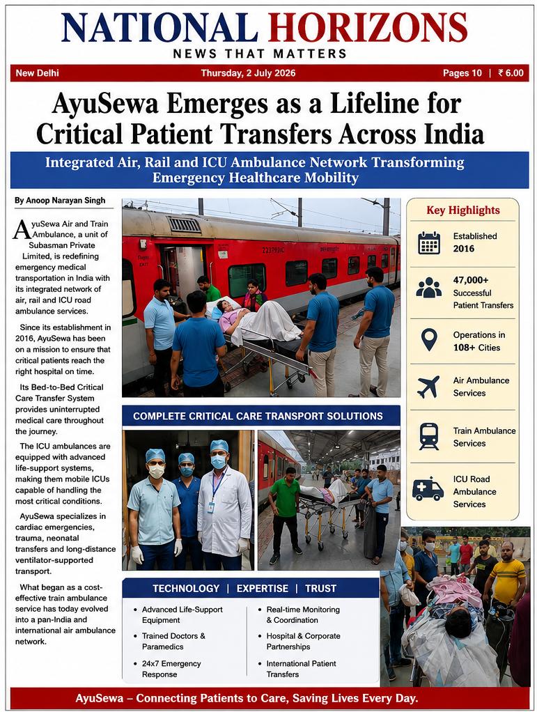 National Horizons newspaper feature about AyuSewa critical patient transfers across India